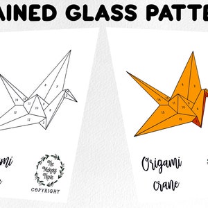 May include: A black and white line drawing of an origami crane with numbered sections, and a colored version of the same origami crane in orange. The text "Origami Crane" is below each image.