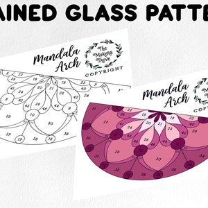 May include: A stained glass pattern design for a mandala arch. The pattern is numbered 1 through 48. The design is shown in black and white and in color with shades of pink and purple.