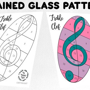 May include: A printable stained glass pattern of a treble clef with numbered sections. The pattern is in black and white and is ready to be colored in.