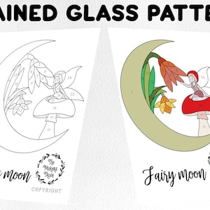 Stained glass pattern, stained glass moon mushroom fairy flower pattern, Digital download, sun catcher, stained glass artist HOBBY LICENSE
