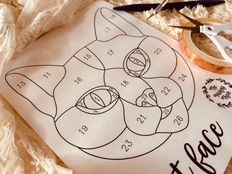 May include: A black and white line drawing of a cat's face divided into 28 numbered sections. The drawing is on a white sheet of paper. The text "face" is written below the drawing.