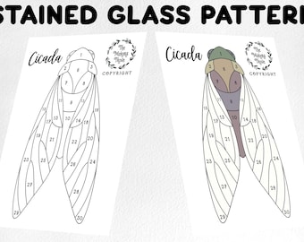May include: A black and white line art illustration of a cicada insect with numbered sections for a stained glass pattern. The title "Cicada" is written above the insect. The text "The Makers Trove Copyright" is in a circle at the top right corner of the image.