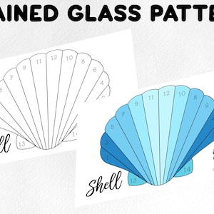 May include: A printable stained glass pattern of a seashell with numbered sections. The pattern is in black and white, and the finished product is shown in shades of blue.