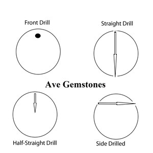 May include: Diagram showing four different ways gemstones can be drilled: Front Drill, Straight Drill, Half-Straight Drill, and Side Drilled.  Ave Gemstones.