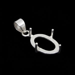 May include: A silver-colored pendant setting with an oval-shaped center and four prongs to hold a gemstone. The pendant has a loop at the top for a chain and is set against a black background.