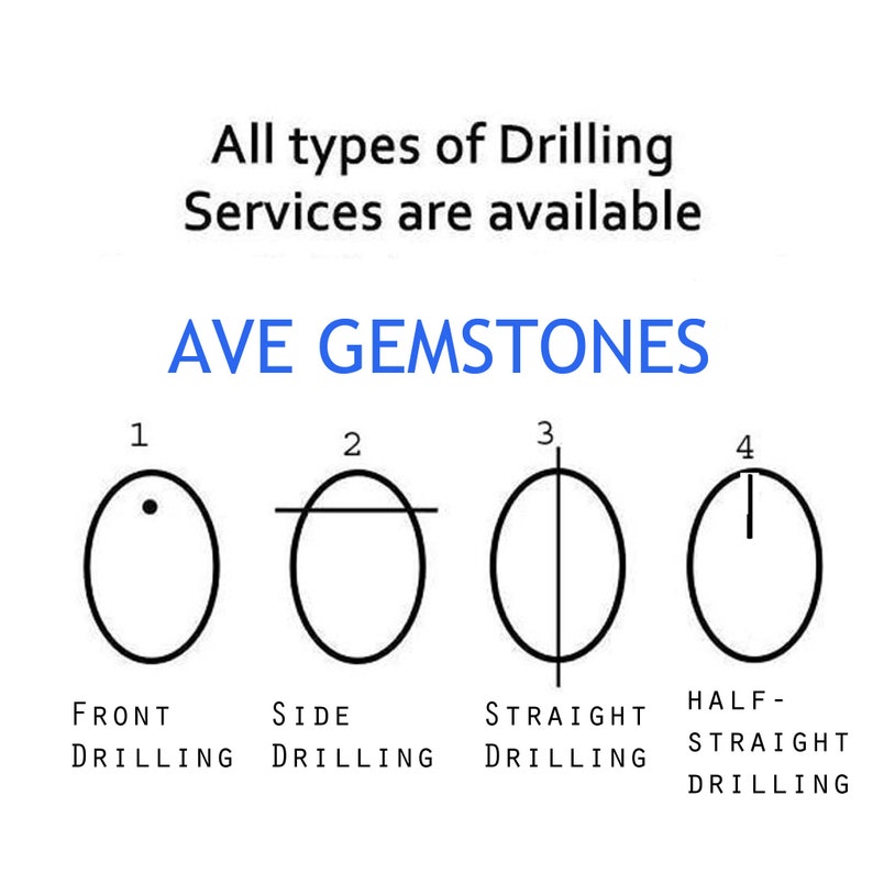 May include: Diagram showing four different types of drilling services for gemstones: front drilling, side drilling, straight drilling, and half-straight drilling. The text "AVE GEMSTONES" is displayed in blue.