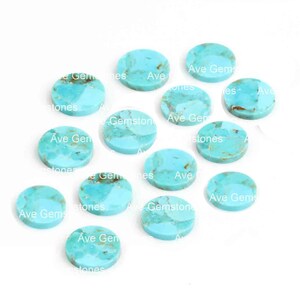 May include: A collection of 13 turquoise cabochons, each with a unique pattern and color variation. The cabochons are round and have a smooth, polished surface. They are perfect for jewelry making or other craft projects.
