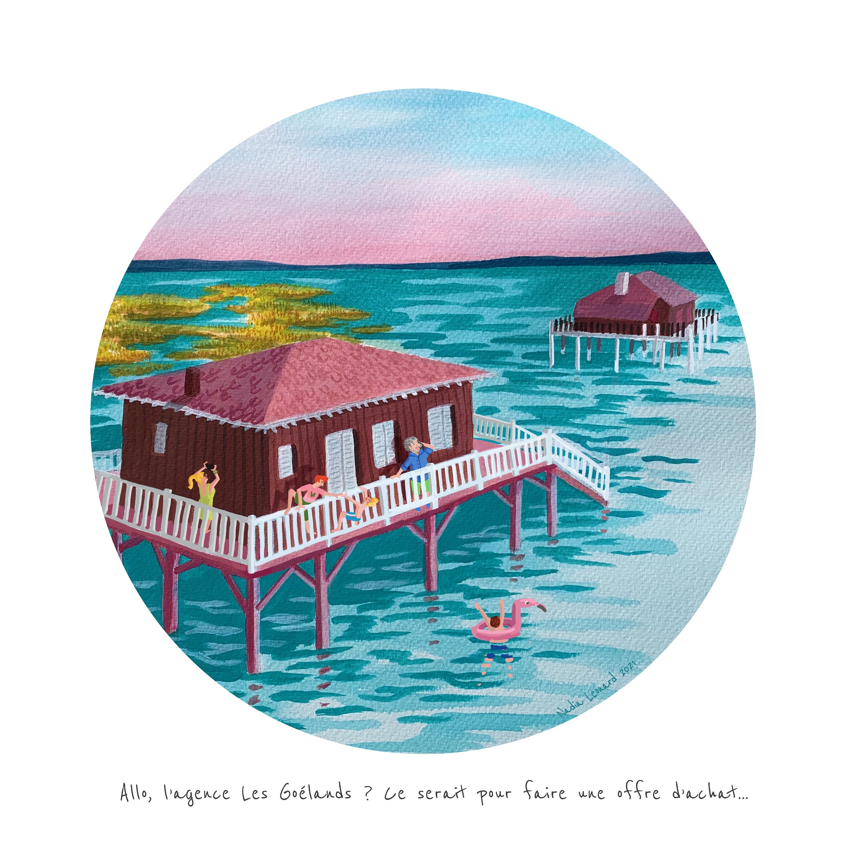 Poster Peinture Bassin d'arcachon Cabanes Tchanquees Dessin Humoristique