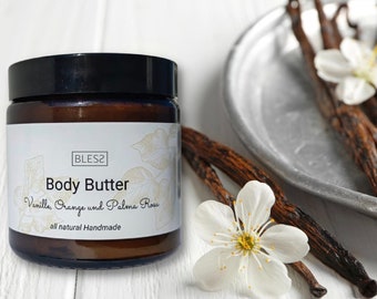 Manteiga corporal nutritiva, artesanal, vegana, sustentável, orgânica e natural - laranja, baunilha e manteiga de karité.