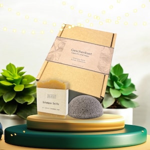 Natürliches Kosmetik Spa handgemachtes nachhaltiges veganes Geschenkset - Gesicht und Haar - Konjac Schwamm und Haarseife