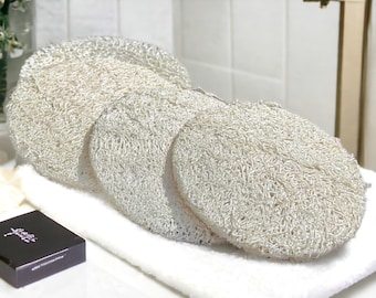 Almohadilla exfoliante de luffa, natural, orgánica, sostenible, sin parabenos, sin conservantes y cero residuos para la limpieza facial.