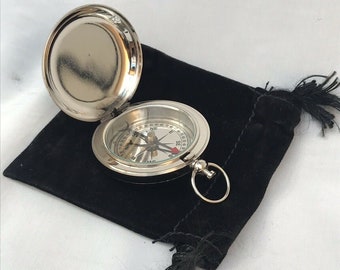 Nickel Chrome Finish Hunters Pocket Compass With Pouch| Vintage handmade style compass | Perfect gift for him or her| Birthday, Thank you