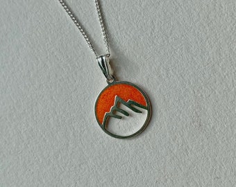 Handmade Orange mountain resin necklace, sterling silver with chain, unique, outdoors,  gifts for her, romantic gifts for women