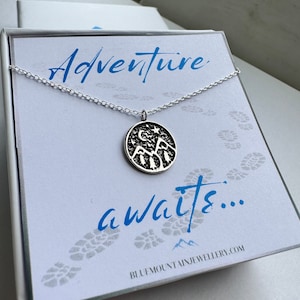 Silver adventure necklace, hiking gift, mountain jewellery, sky moon and stars, forest pendant, travel jewellery, explorer, wanderlust, boho