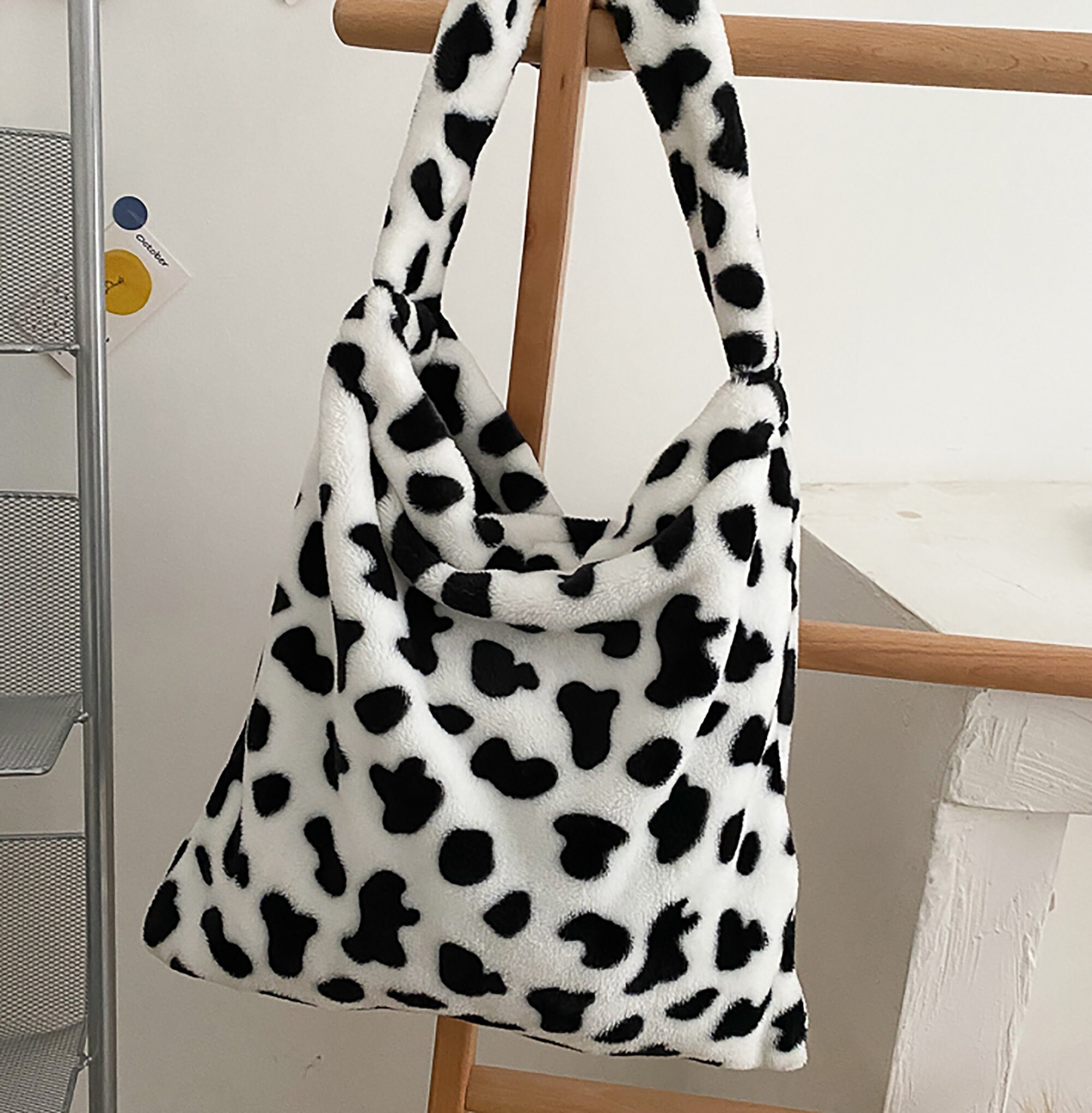 Large Fluffy Cow Print Bag Black And White Cow Plush Bag Y2K Etsy