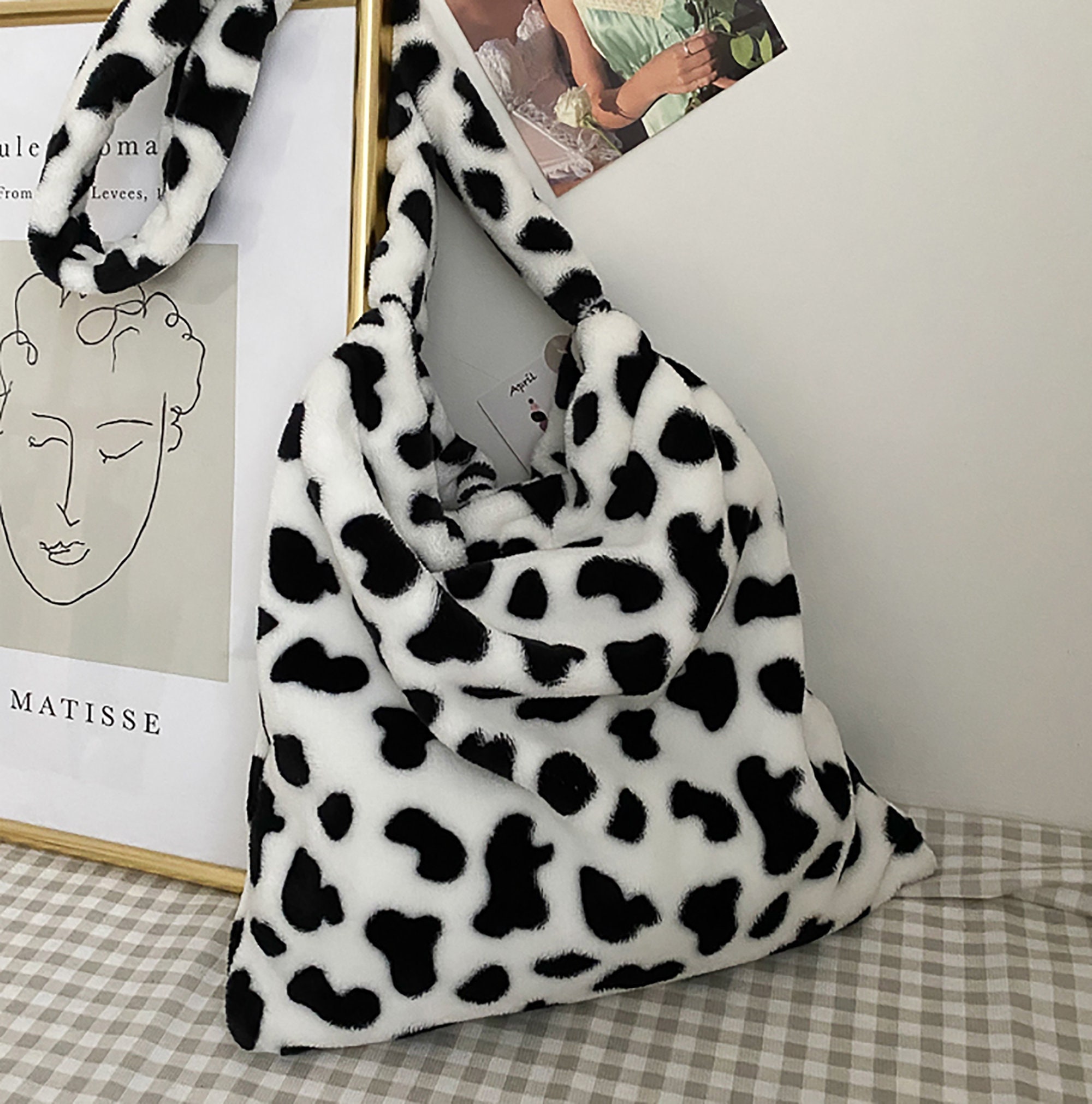 Large Fluffy Cow Print Bag Black And White Cow Plush Bag Y2K | Etsy
