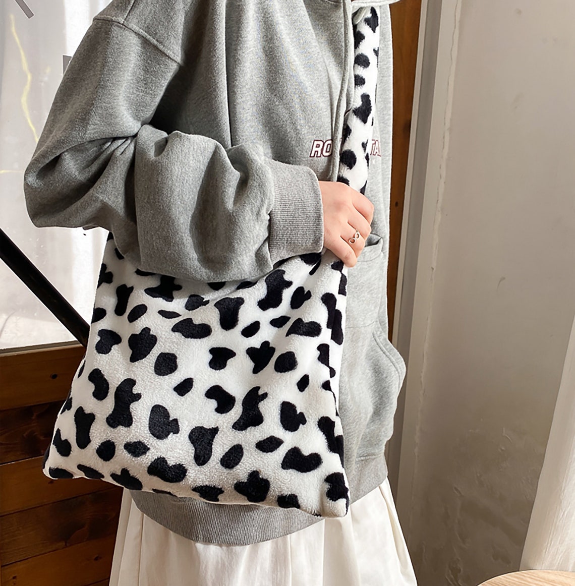 Large Fluffy Cow Print Bag Black And White Cow Plush Bag Y2K | Etsy