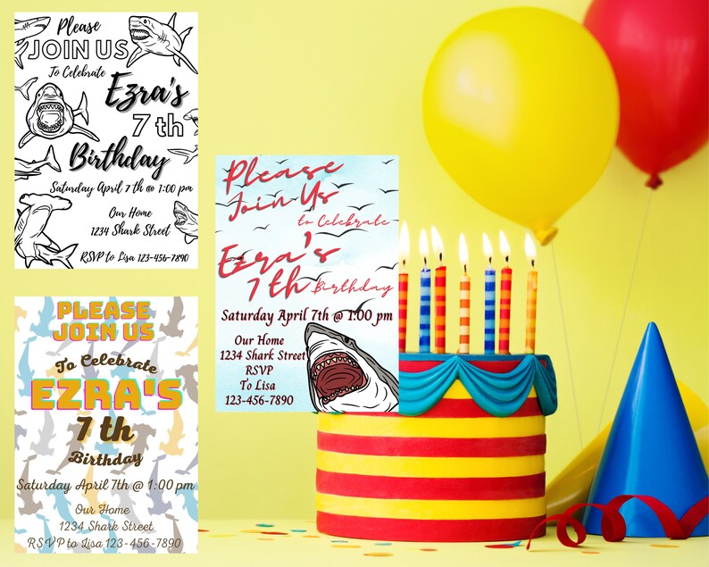 Editable Shark Invitations 3 Pack Template to Download Etsy
