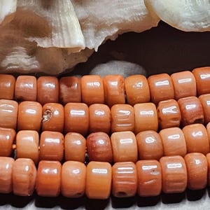 Op de afbeelding: Close-up van een koraal kralenketting. De kralen hebben een warme oranje kleur, een cilindrische vorm en een licht gepolijst oppervlak. De ketting is aaneengeregen en de kralen zitten dicht op elkaar. De achtergrond heeft een witte, getextureerde koraal.