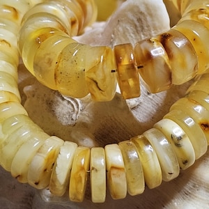 Puede incluir: Un collar hecho de cuentas de ámbar pulidas. Las cuentas son una mezcla de amarillo translúcido y blanco cremoso, con inclusiones naturales. El collar se exhibe sobre una superficie blanca y texturizada, resaltando los tonos cálidos del ámbar.