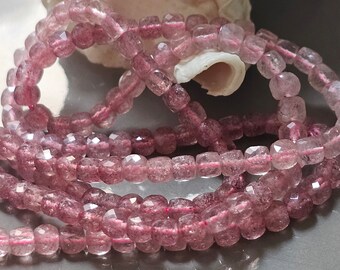 New /AAA / Natural Strawberry Quartz from Madagascar Faceted Cube Gemstone High Quality / Size 4x4 MM / Full Strand 95 Beads