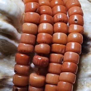 Op de afbeelding: Close-up van een koraal ketting. De ketting heeft meerdere strengen cilindrische, rood-oranje koraal kralen. De kralen zijn aan elkaar geregen, waarbij hun natuurlijke kleur en textuur worden getoond. De achtergrond is een vage, gebroken witte ondergrond.