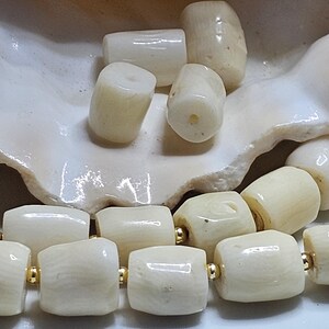 May include: Cream-colored coral beads with gold-colored accents. The beads are cylindrical and have a natural, textured appearance. Some beads are loose, while others are strung together, suggesting jewelry making.