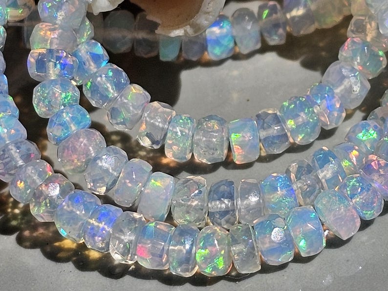 AAAA / Natural Ethiopian White Opal Rainbow Flash Faceted Rondelles Superior Quality / Size Thickness 3 mm X 6-7 mm image 3