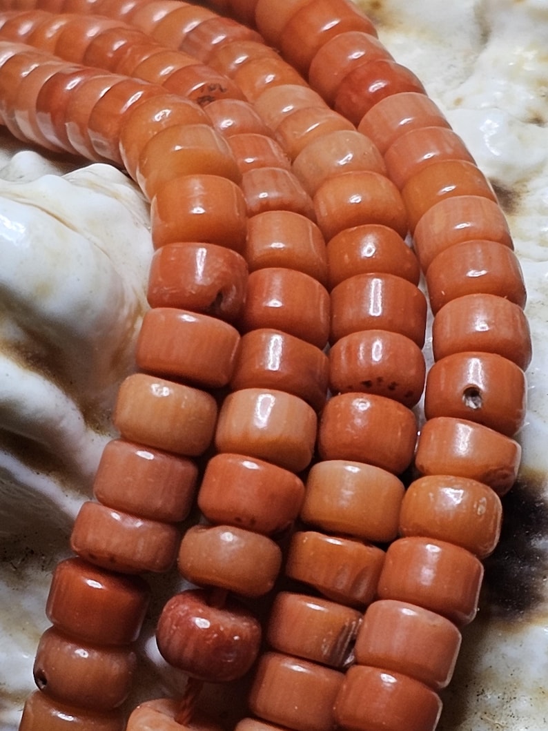 Op de afbeelding: Close-up van strengen koraalkralen. De kralen hebben een warme, rood-oranje kleur en zijn cilindrisch van vorm. De kralen zijn aan elkaar geregen, waardoor een ketting of armband ontstaat. De achtergrond is licht en neutraal.