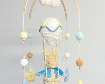 Hand Crocheted Peter Rabbit Beatrix Potter Theme Hot Air Balloon Baby Cot Nursery Mobile