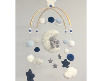Me To You Tatty Teddy Grey Themed Handcrafted Crocheted Baby Cot Mobile with Moon & Stars