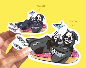 Grim Reaper on a Pool Floaty Sticker (2 Sizes) • Summer Sticker • Vacation Sticker • Halloween Sticker • Gift for Her • Gift for Him • Scary