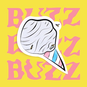 May include: A white and blue striped sticker with a grey beehive with three bees on it. The sticker is on a yellow background with the word "BUZZ" repeated in pink.