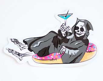 Grim Reaper on a Pool Floaty Sticker (Large) • Summer Sticker • Vacation Sticker • Halloween Sticker • Gift for Her • Gift for Him • Horror