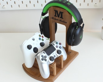 Minimalist Controller and Headphone Stand, Personalized Wooden Streamer Desk Accessory for Gamer Boyfriend