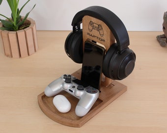 Suporte personalizado para controle e fone de ouvido com suporte para celular, organizador de jogos em madeira