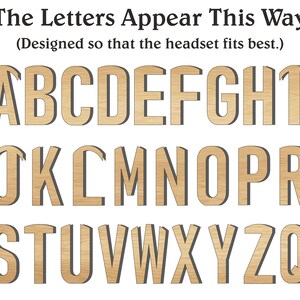 May include: Wooden alphabet letters A through Z, with a shadow effect, displayed on a white background. The text at the top reads "The Letters Appear This Way" and "(Designed so that the headset fits best.)".
