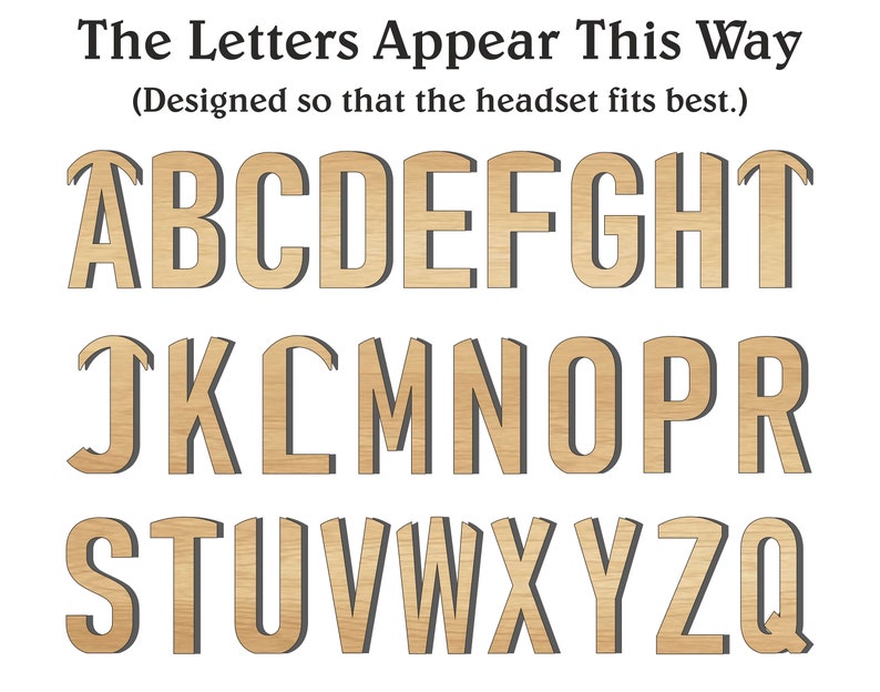 May include: Wooden alphabet letters A through Z, with a shadow effect, displayed on a white background. The text at the top reads "The Letters Appear This Way" and "(Designed so that the headset fits best.)".