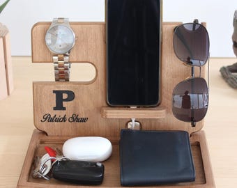 Personalized Nightstand Organizer – Christmas Gifts for Him, Wooden Docking Station for Men