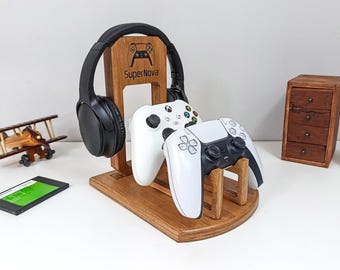 Personlig handkontroll- och hörlurshållare, graverad trähandkontrollhållare, personlig julklapp för gamers