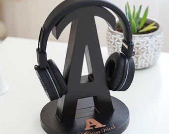 Personalized Wooden Headphone Stand, Custom Initial Headset Holder