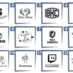 May include: A collection of twelve square designs with black and white graphics and text. Designs include initials, names, a video game controller, and the text "Best Dad Ever". One design says "Your Custom Logo or Text".