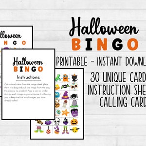 Puede incluir: Juego de bingo de Halloween imprimible con 30 tarjetas &uacute;nicas, una hoja de instrucciones y una tarjeta de llamada. Las tarjetas presentan varias im&aacute;genes con tem&aacute;tica de Halloween, como un sombrero de bruja, un fantasma, una calabaza y una ara&ntilde;a.