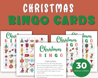 Bingo navideño imprimible, juegos de aula, juegos navideños imprimibles para niños, juegos de fiesta navideña para familias, juegos descargables