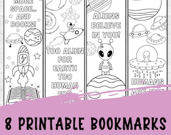 Alien-festgåvor, bokmärken att färglägga för barn, UFO-presenter, unika presenter, utskrivbara festgåvor, presentidéer i sista minuten, sommarlägerpresenter
