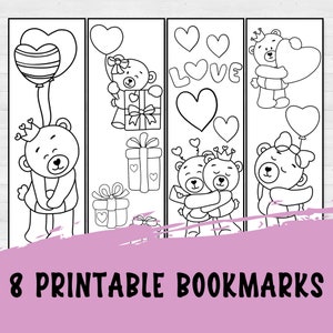 Könnte beinhalten: Acht schwarz-weiße druckbare Lesezeichen mit niedlichen Teddybären mit Herzen, Ballons und Geschenken. Die Lesezeichen sind perfekt für den Valentinstag oder jeden anderen Anlass.