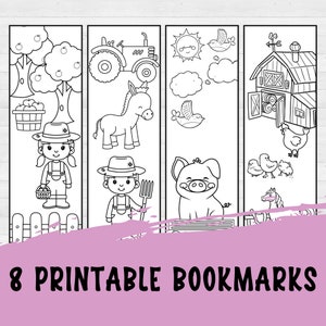 May include: Eight black and white printable bookmarks featuring farm animals, a farmer, a tractor, a barn, and other farm-related imagery. The bookmarks are designed for coloring.