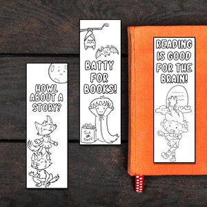 May include: Three black and white printable bookmarks with Halloween themes. The first bookmark features a werewolf and the text "Howl about a story?" The second bookmark features a vampire and the text "Batty for books!" The third bookmark features a zombie and the text "Reading is good for the brain!"
