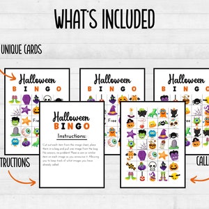 Puede incluir: Un juego de bingo de Halloween imprimible con 30 tarjetas &uacute;nicas, una hoja de llamada e instrucciones. Las tarjetas presentan varias im&aacute;genes con tem&aacute;tica de Halloween, como calabazas, fantasmas, murci&eacute;lagos y brujas.