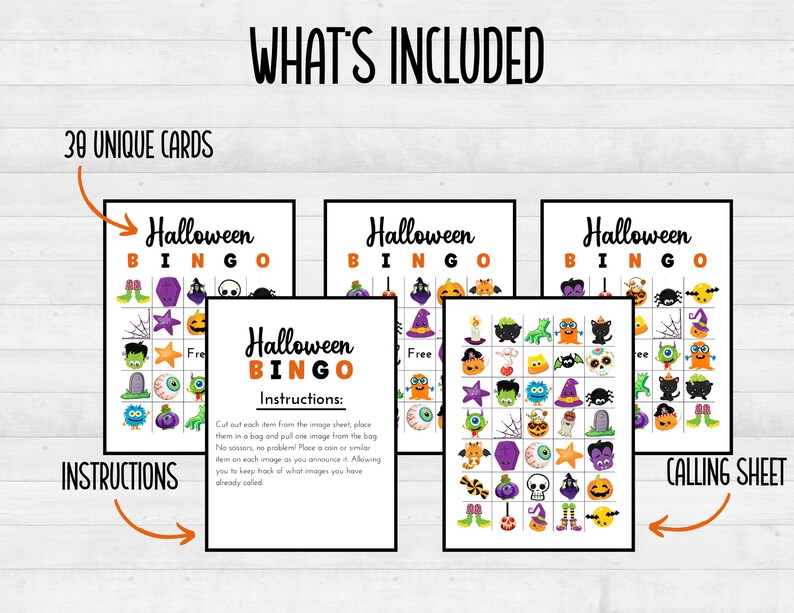 Puede incluir: Un juego de bingo de Halloween imprimible con 30 tarjetas &uacute;nicas, una hoja de llamada e instrucciones. Las tarjetas presentan varias im&aacute;genes con tem&aacute;tica de Halloween, como calabazas, fantasmas, murci&eacute;lagos y brujas.